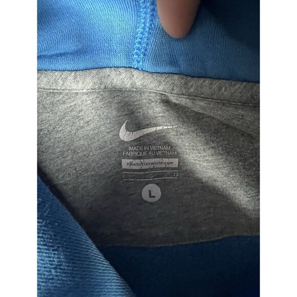Vintage Nike Hoodie Sweatshirt Size L Blue Embroidered Spell Out Y2K Stain Faded - Picture 9 of 12